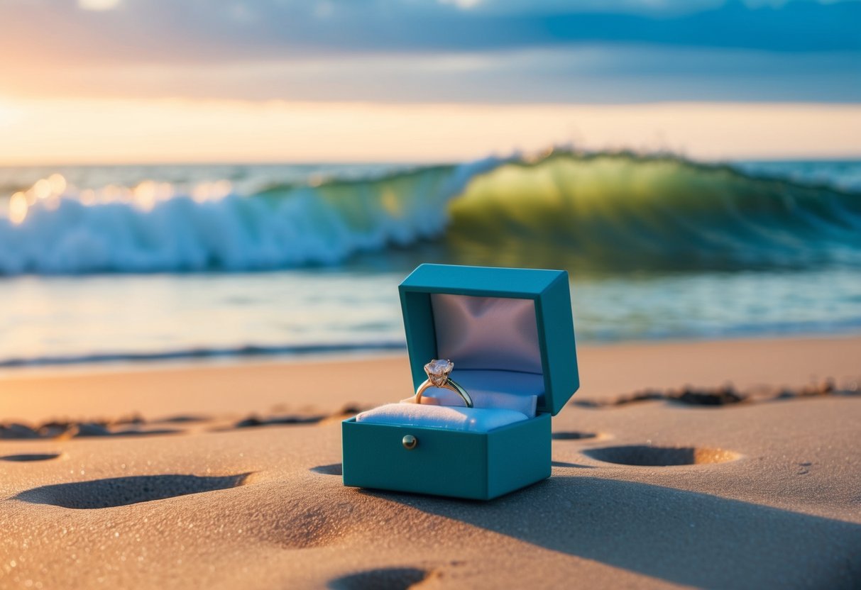 A ring box open on a beach at sunset, with a gentle ocean wave washing up behind it