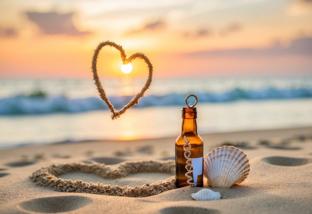 A sunset beach with a heart drawn in the sand, a bottle with a message inside, and a ring nestled in a seashell