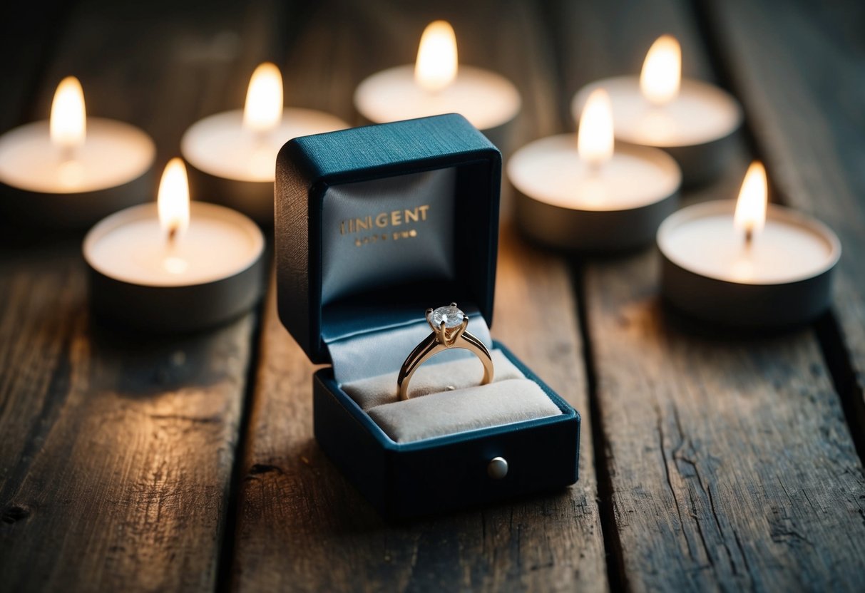 A ring box open on a rustic wooden table, with a single engagement ring resting inside, surrounded by soft candlelight