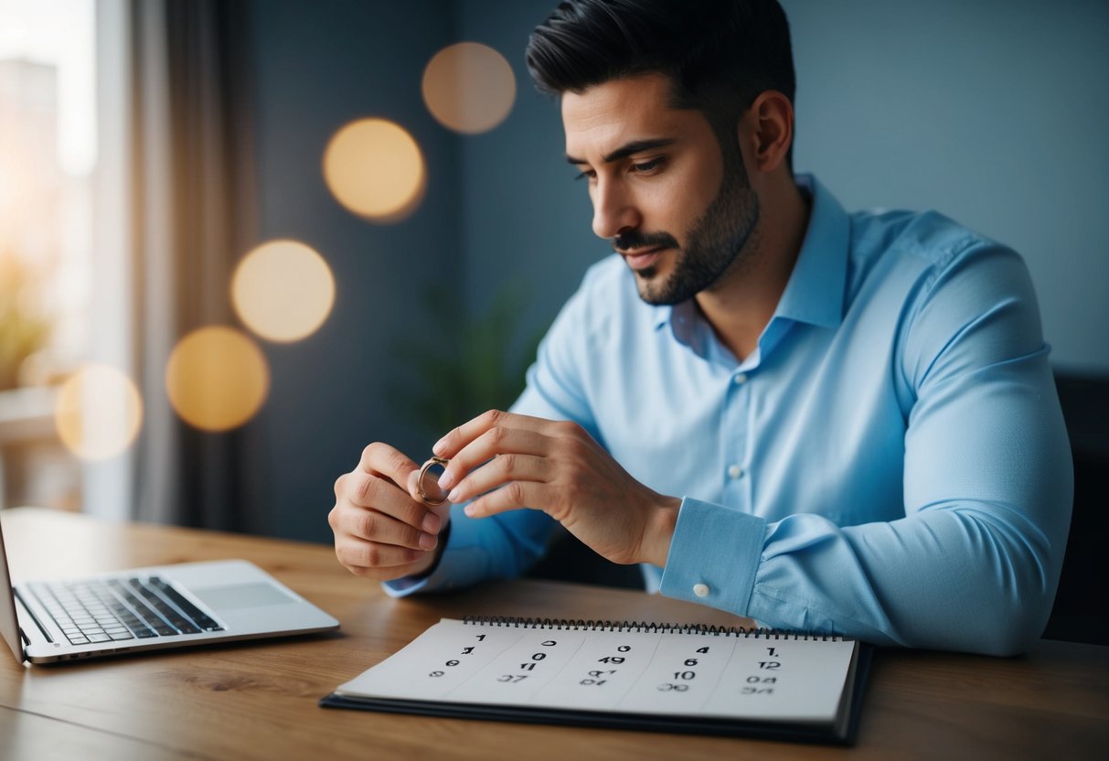A man holding a ring, pondering while looking at a calendar with 8 months marked