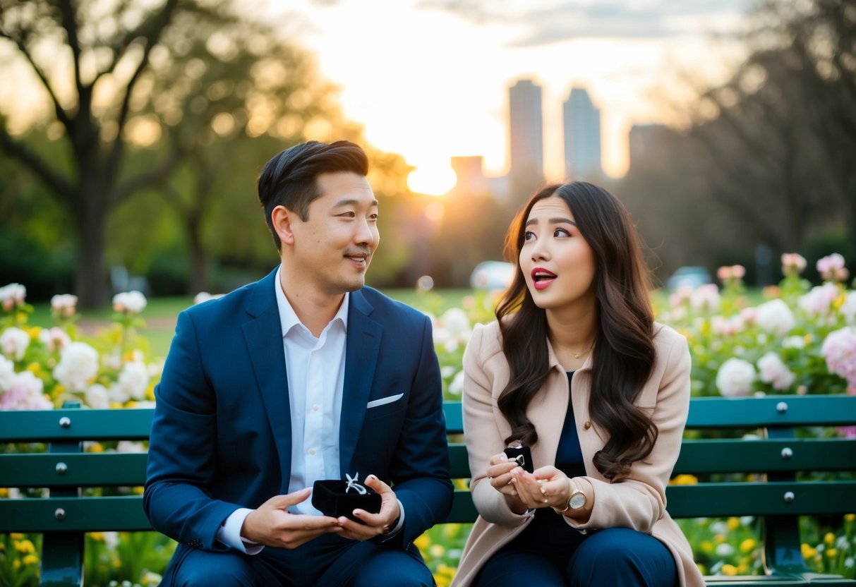 A couple sits on a park bench, surrounded by blooming flowers and a sunset. The man holds a ring box, while the woman looks surprised