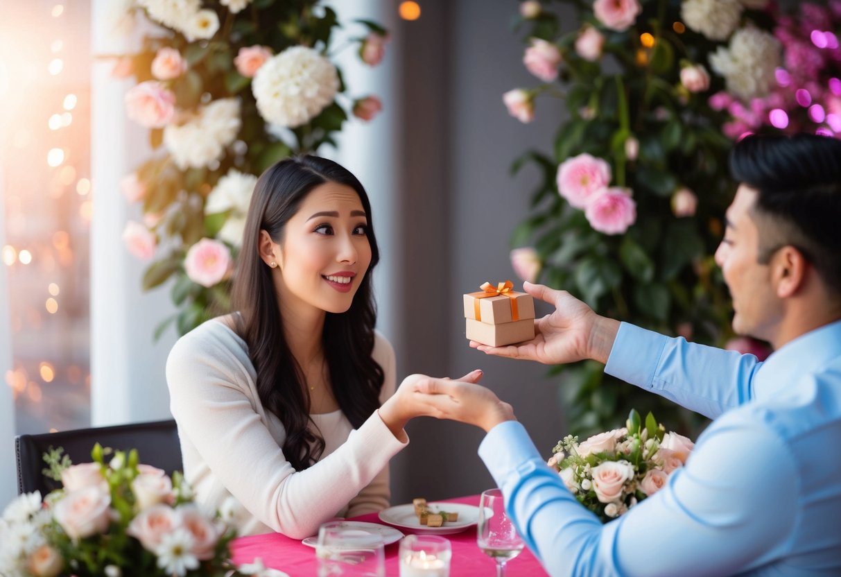 A couple sitting at a table, surrounded by blooming flowers and a romantic ambiance. The woman looks surprised, while the man holds out a small box