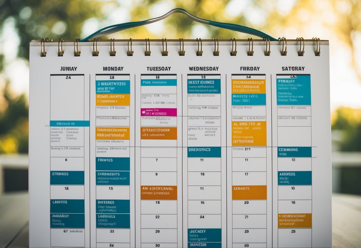 A calendar with various wedding-related events and activities marked in different colors and symbols