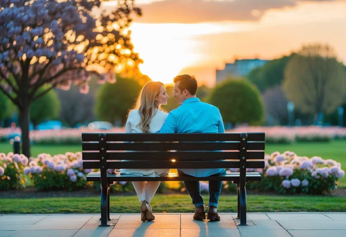 A couple sitting on a park bench, surrounded by blooming flowers and a sunset in the background