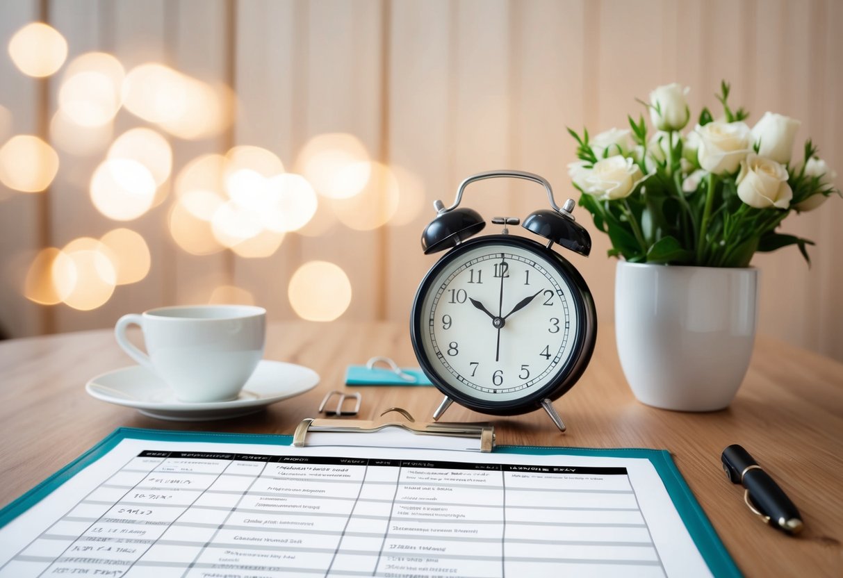A table with a calendar, clock, and checklist of wedding tasks