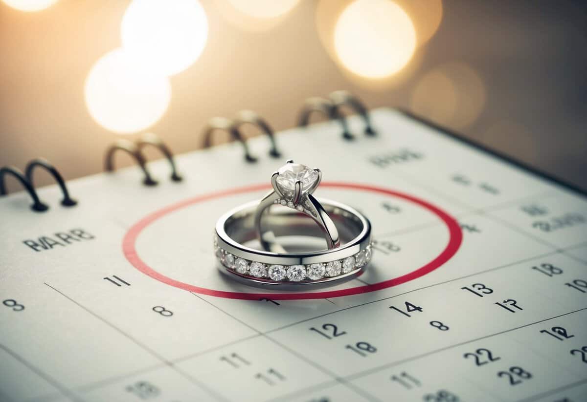 A wedding ring placed on a calendar, with the date circled in red
