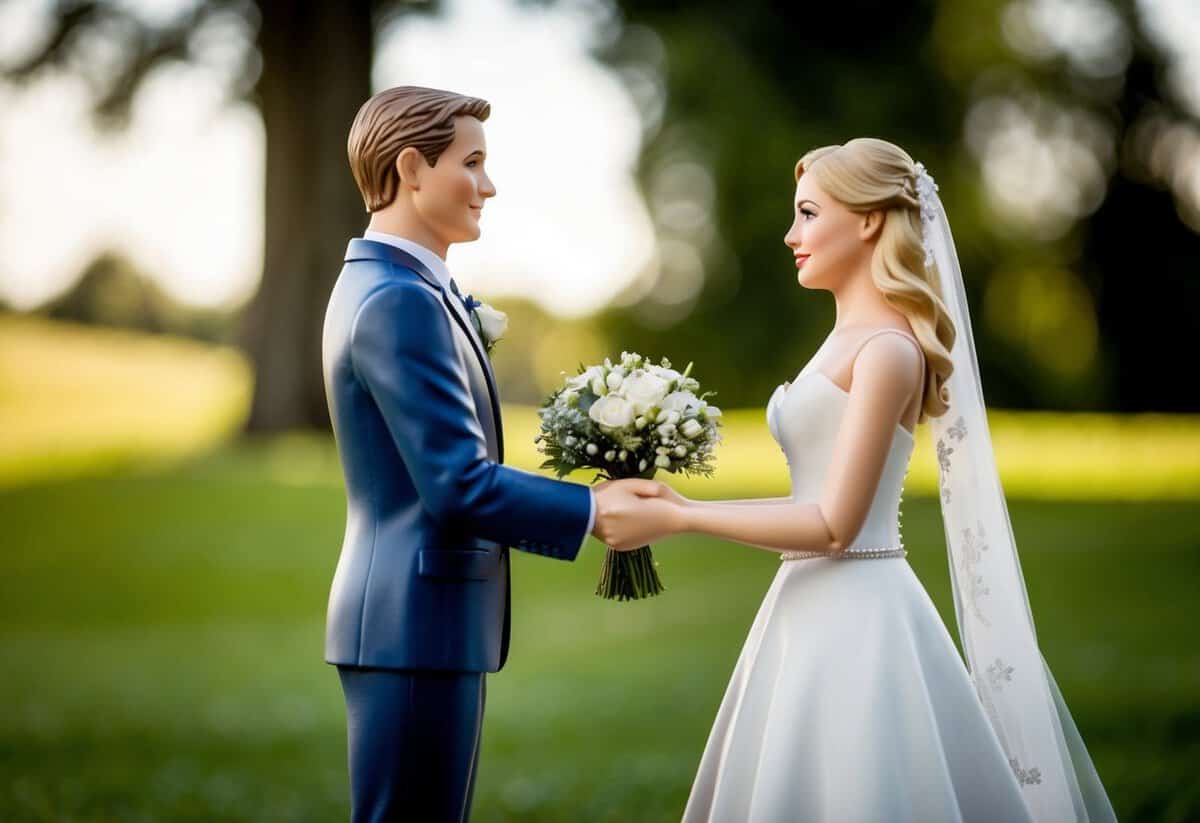 A figure stands beside the bride, symbolizing the act of giving her away