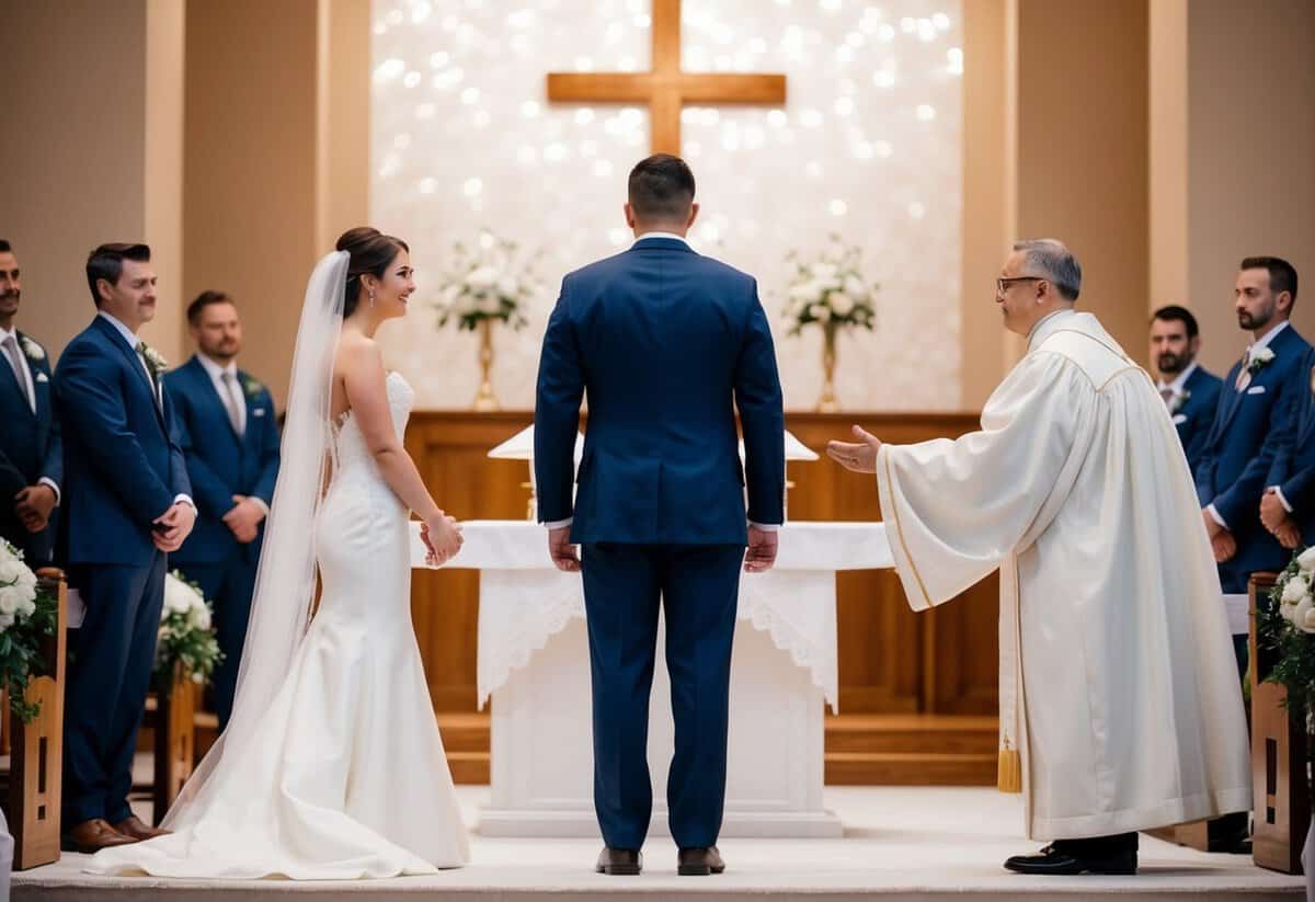 A figure stands at the altar, facing the bride. Another figure approaches from the side, signaling a transfer of responsibility