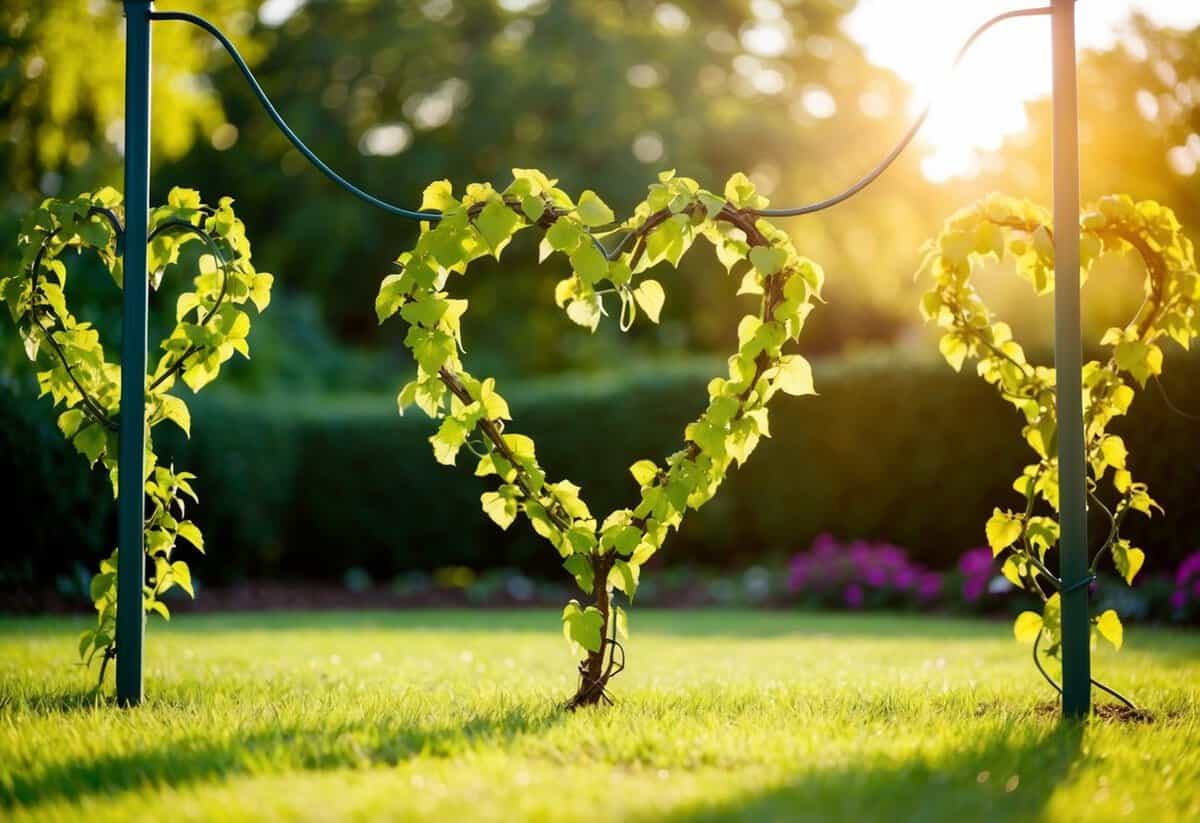 A sunlit garden with two intertwining vines growing towards a heart-shaped topiary, symbolizing the unity and growth of a successful marriage