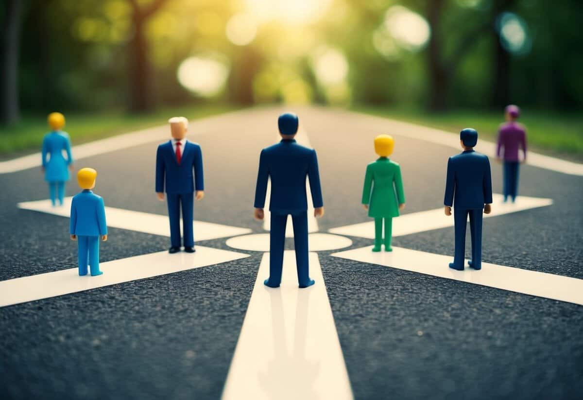 A figure stands at a crossroads, surrounded by various paths leading to different family members. Each path represents a different dynamic and potential decision