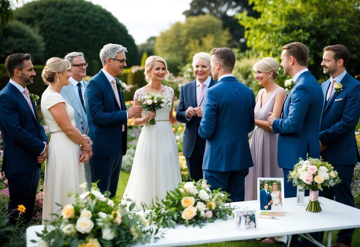 A group of family and friends gather in a garden, discussing who should give the bride away. Flowers, a wedding dress, and a photo of the bride and groom are scattered on a nearby table