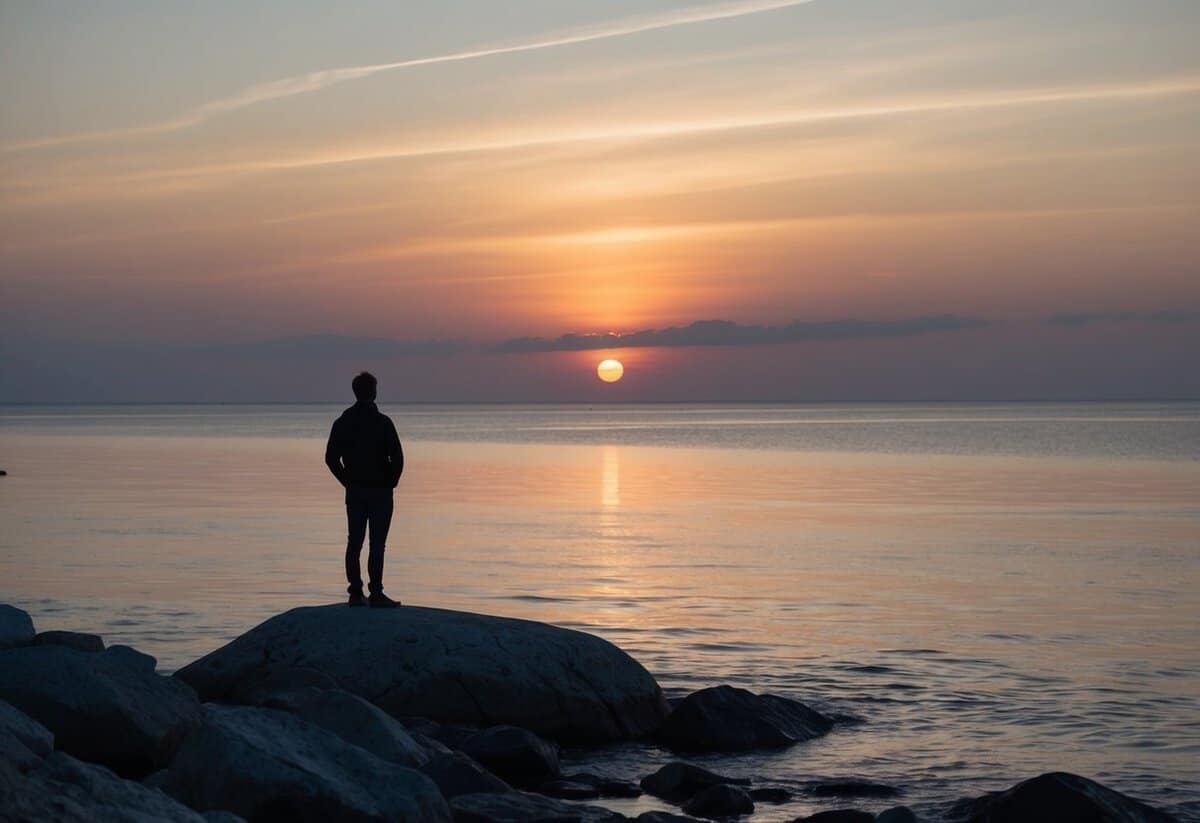 A sunset over a calm ocean, with a lone figure standing on a rocky shore, contemplating the horizon