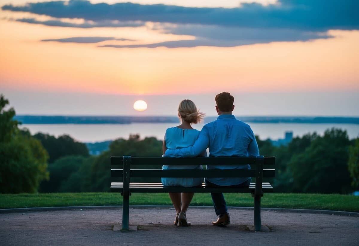 A couple sits on a park bench, gazing at a sunset over the horizon
