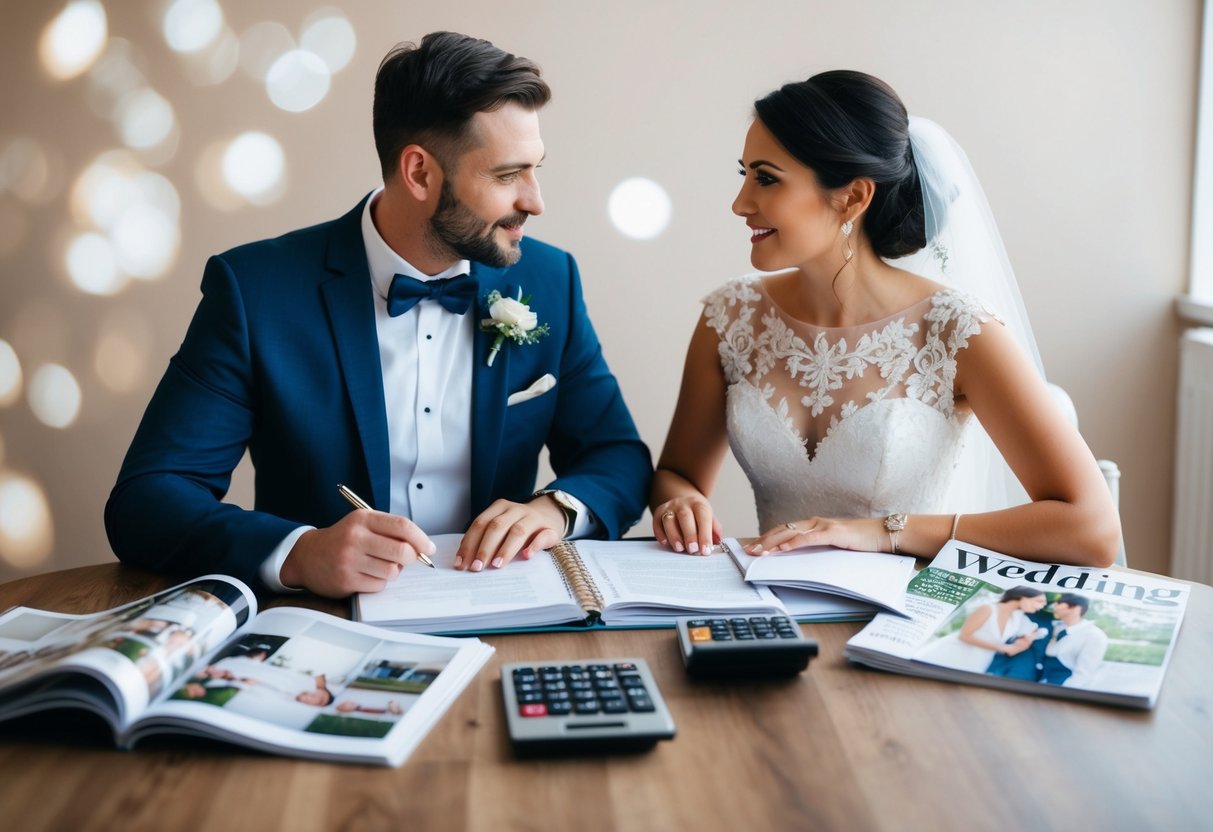 A couple sitting at a table with a notebook, calculator, and wedding magazines spread out, discussing and planning their wedding budget