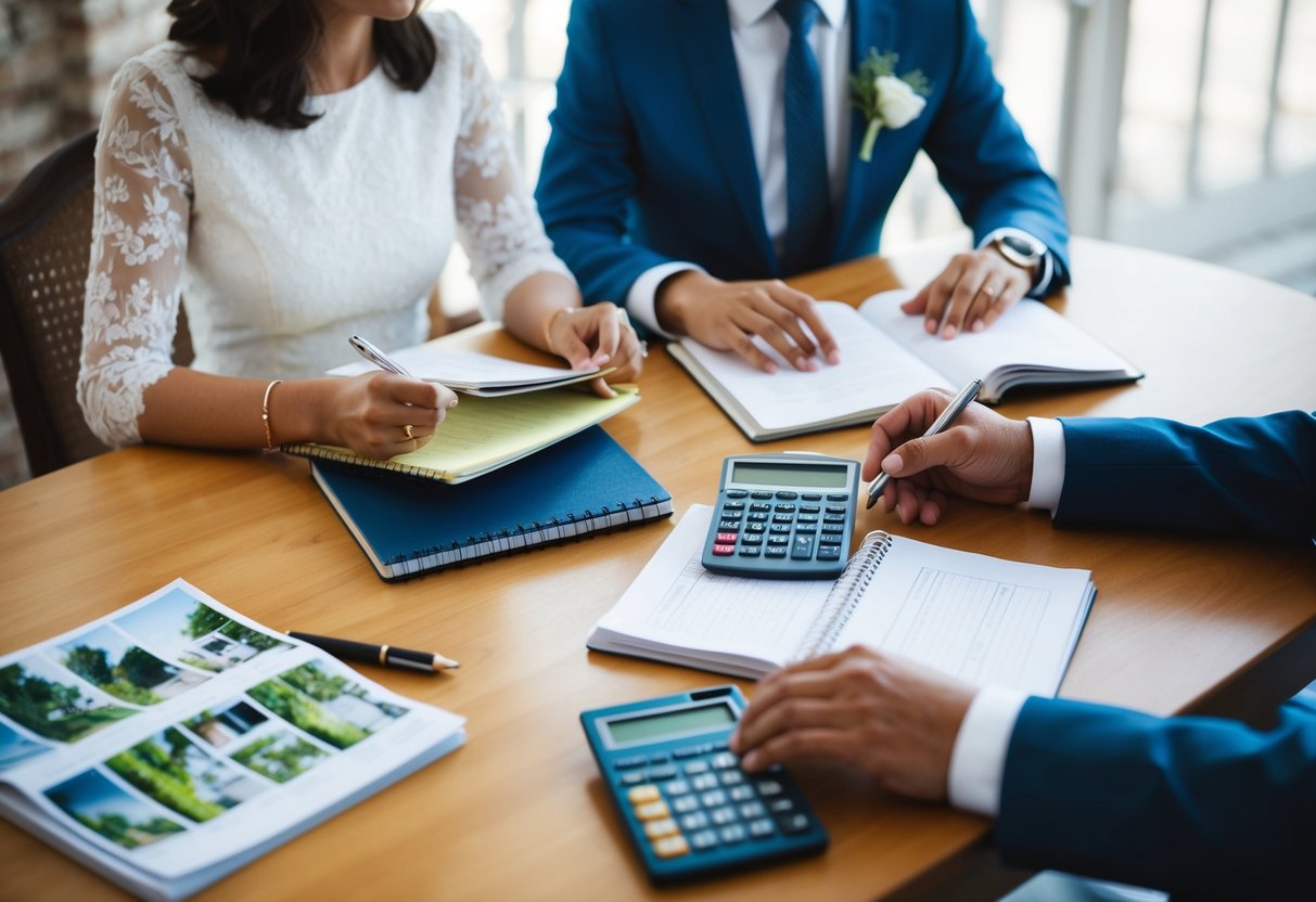 A couple sits at a table with a notebook, calculator, and wedding magazines spread out. They discuss and plan their wedding budget