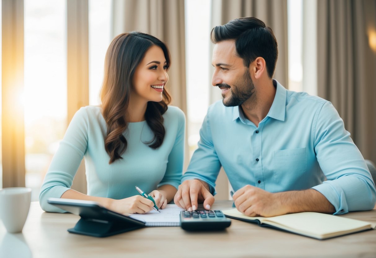 A couple sitting at a table with a calculator, pen, and notebook, discussing wedding budget details