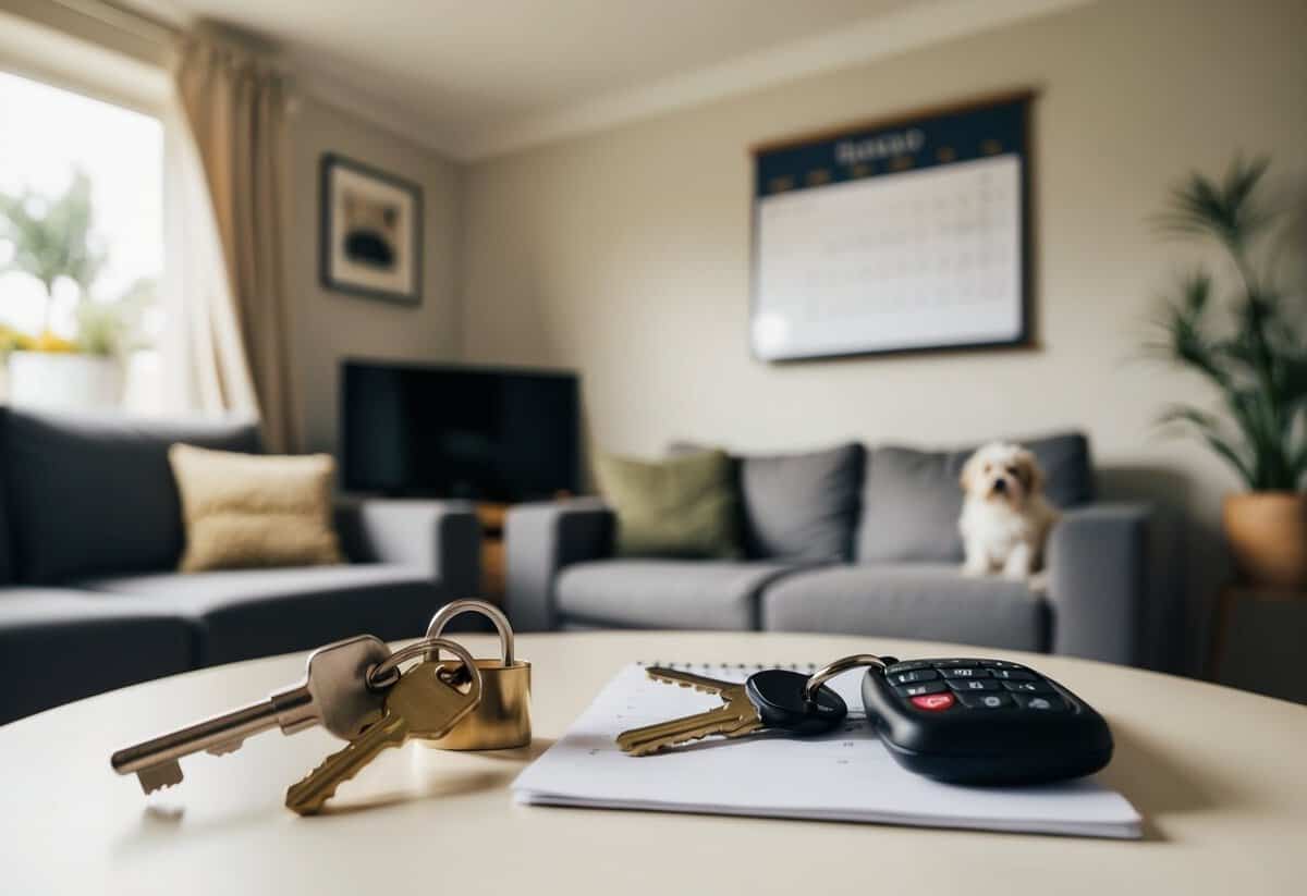 A cozy living room with two sets of keys on a table, a shared calendar on the wall, and a pet bed in the corner