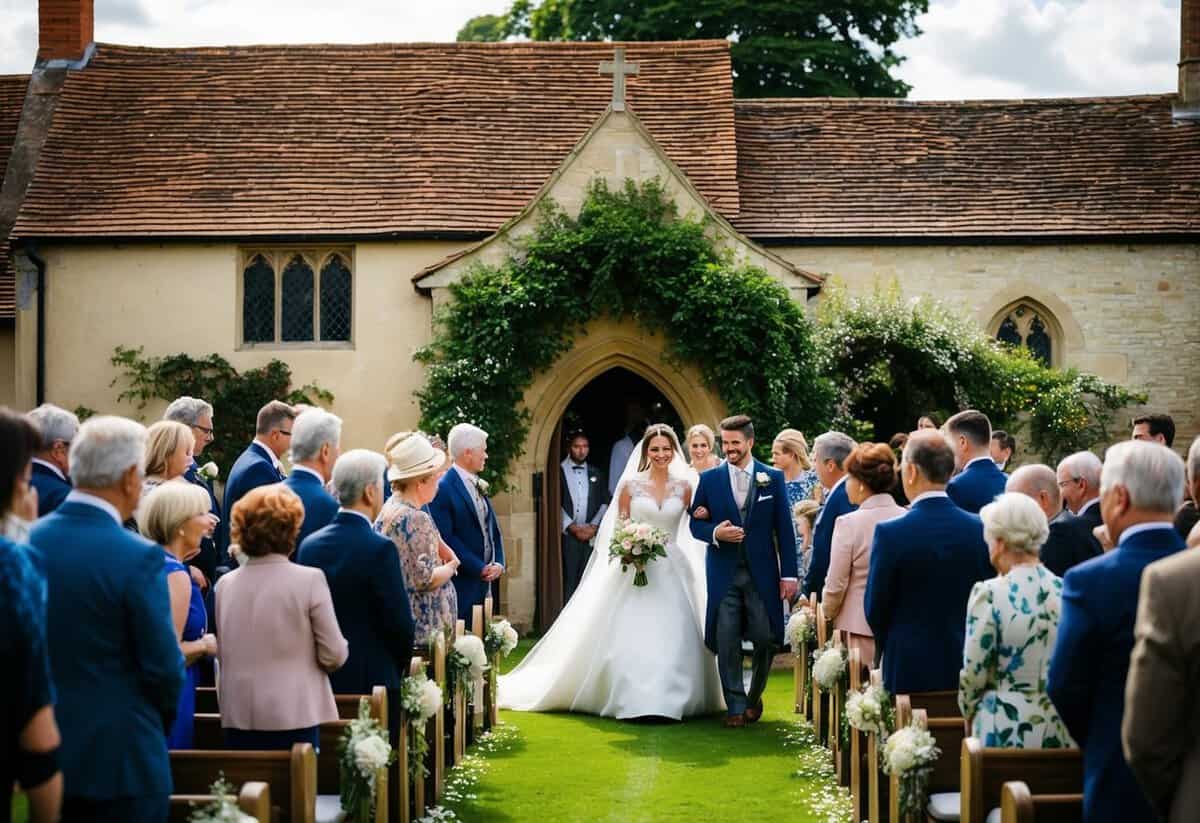 A picturesque English countryside wedding ceremony unfolds in a charming churchyard, with guests mingling outside as the ceremony commences
