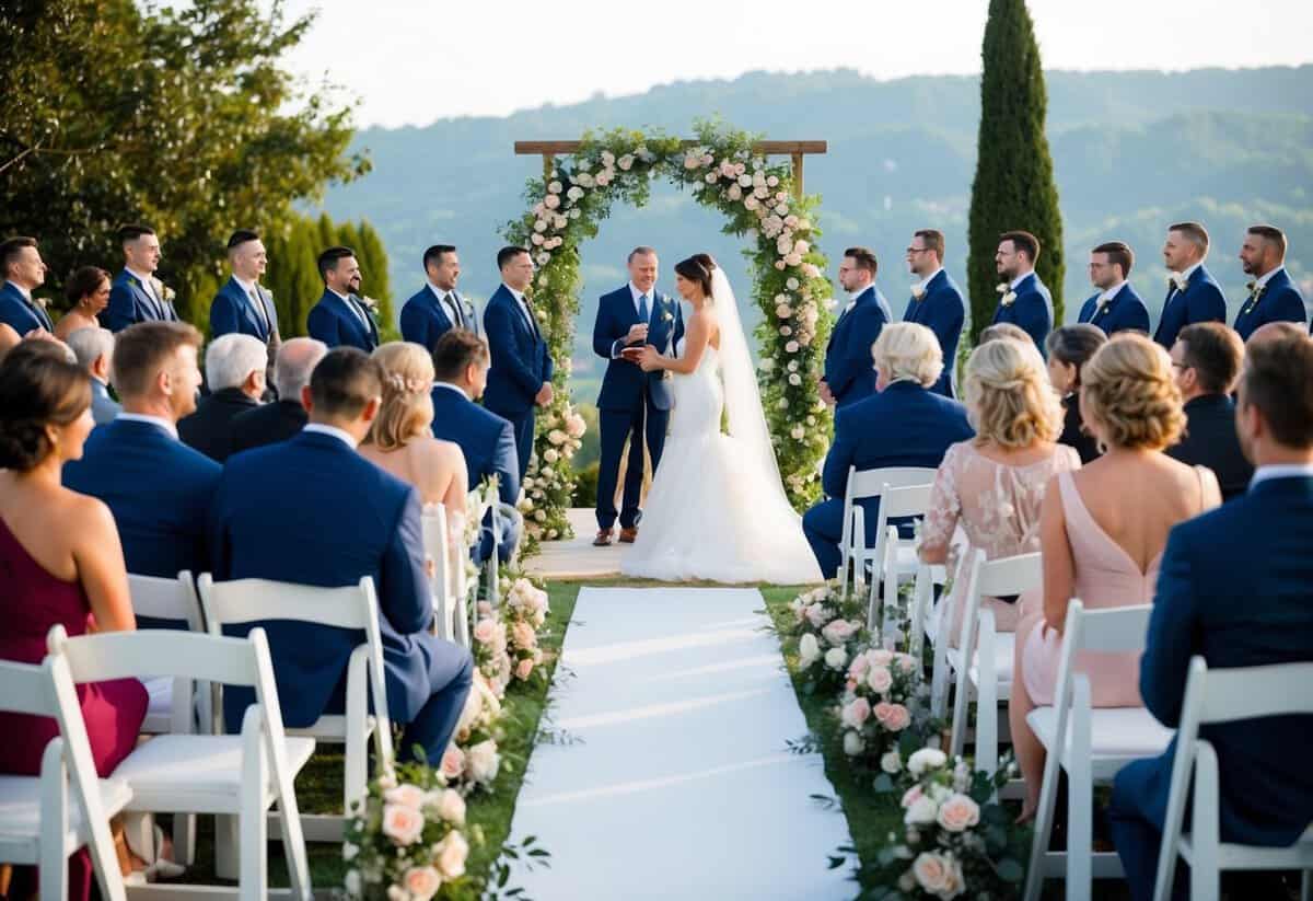 A beautiful outdoor wedding ceremony with guests seated on white chairs, a floral arch at the altar, and a picturesque view in the background