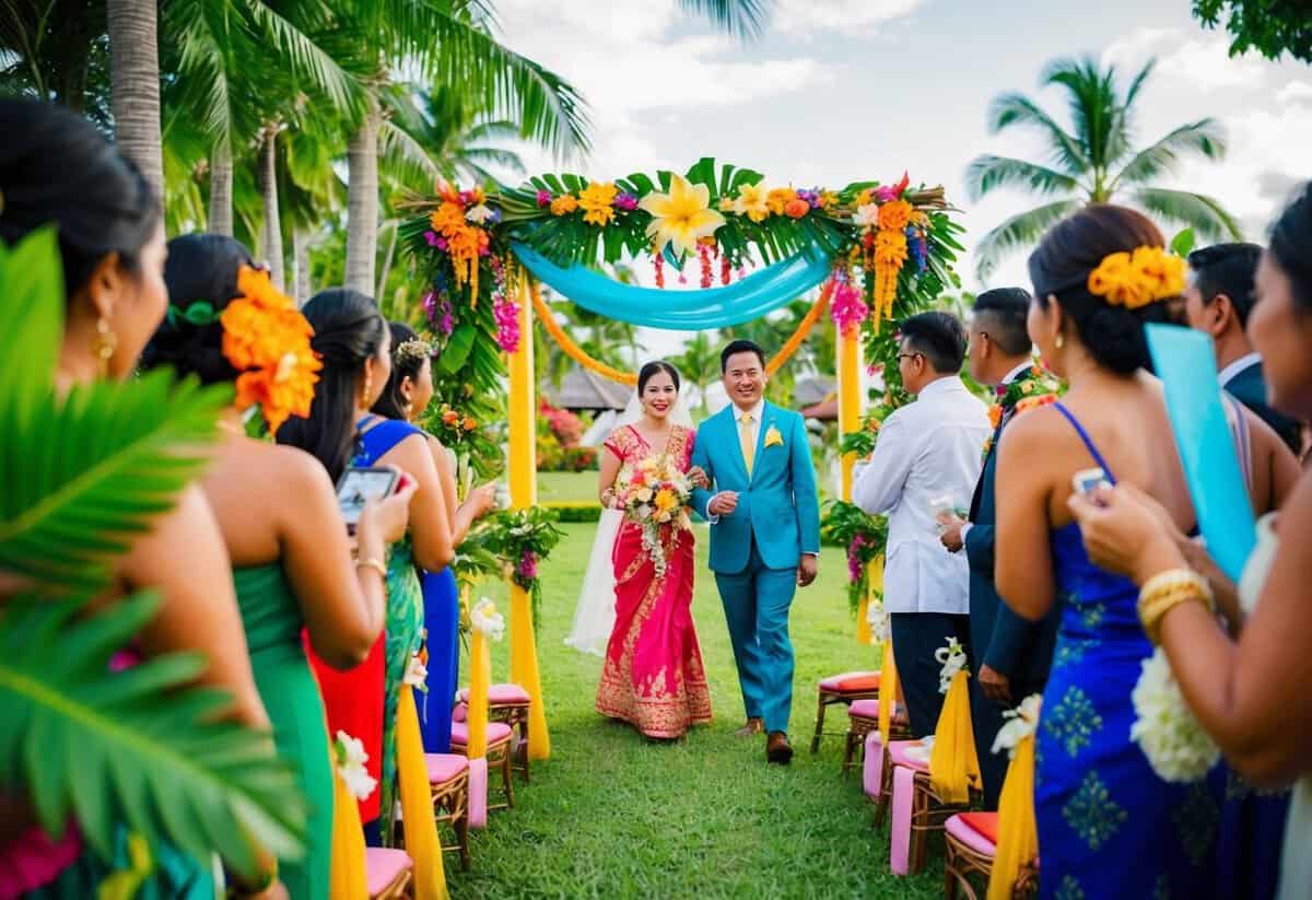 A colorful outdoor wedding in the Philippines, with lush tropical foliage, traditional decorations, and a festive atmosphere