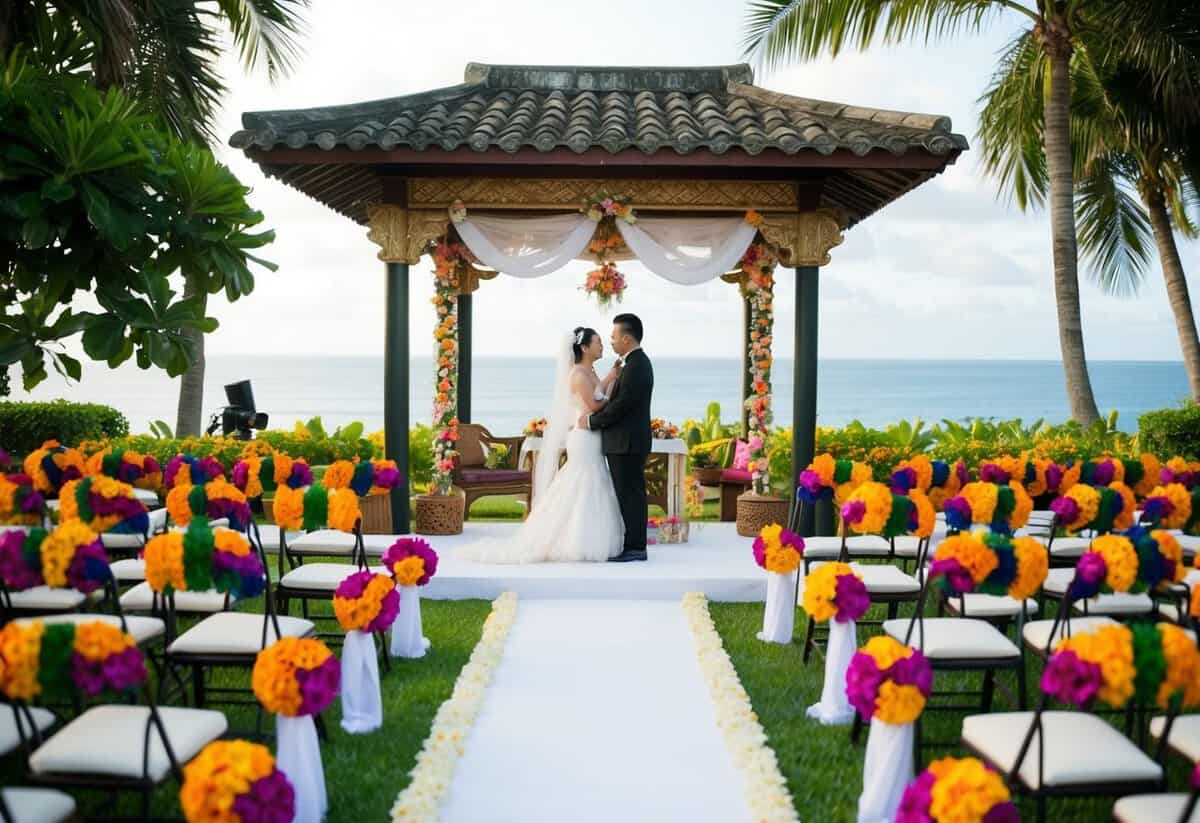 A traditional Filipino wedding set in a lush garden with colorful flowers and traditional decorations, with a beautiful view of the ocean in the background