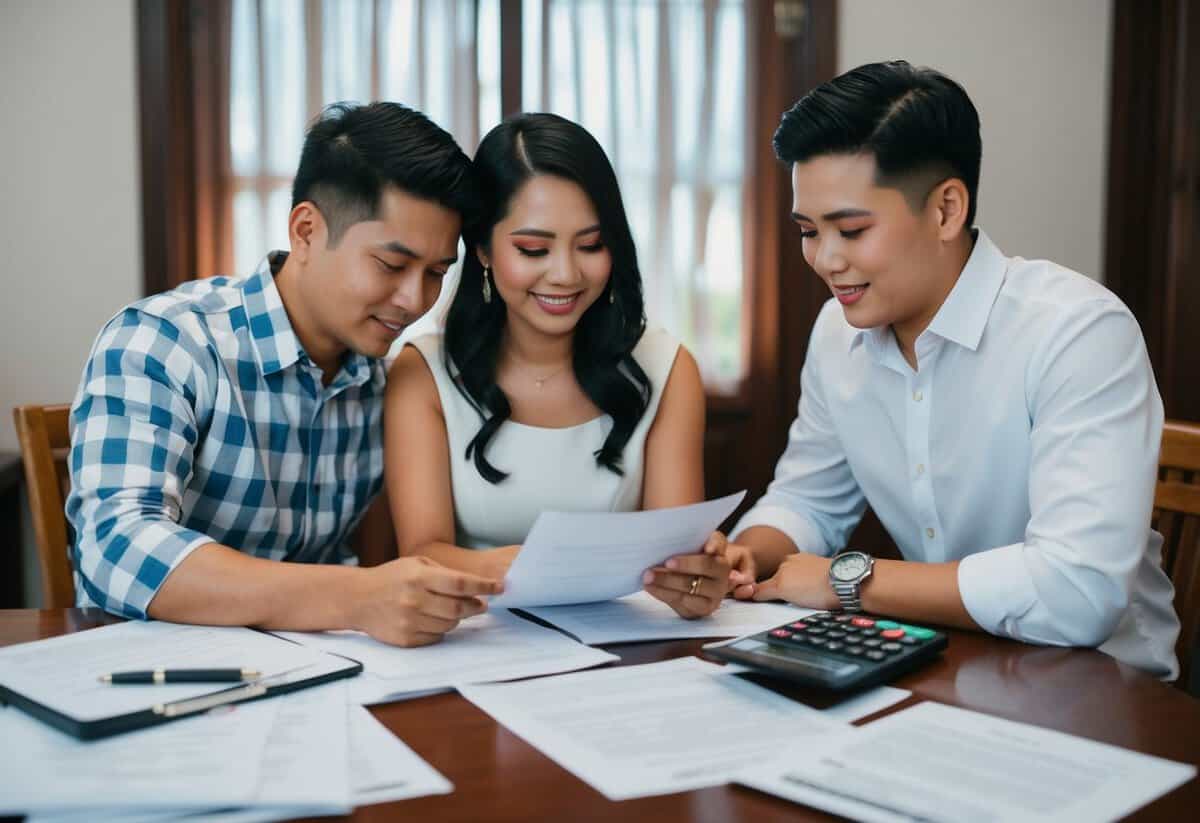 A couple in the Philippines researching legal requirements for a wedding, surrounded by paperwork and a calculator