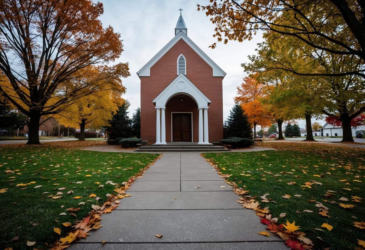 An empty wedding chapel in November, with fallen leaves outside
