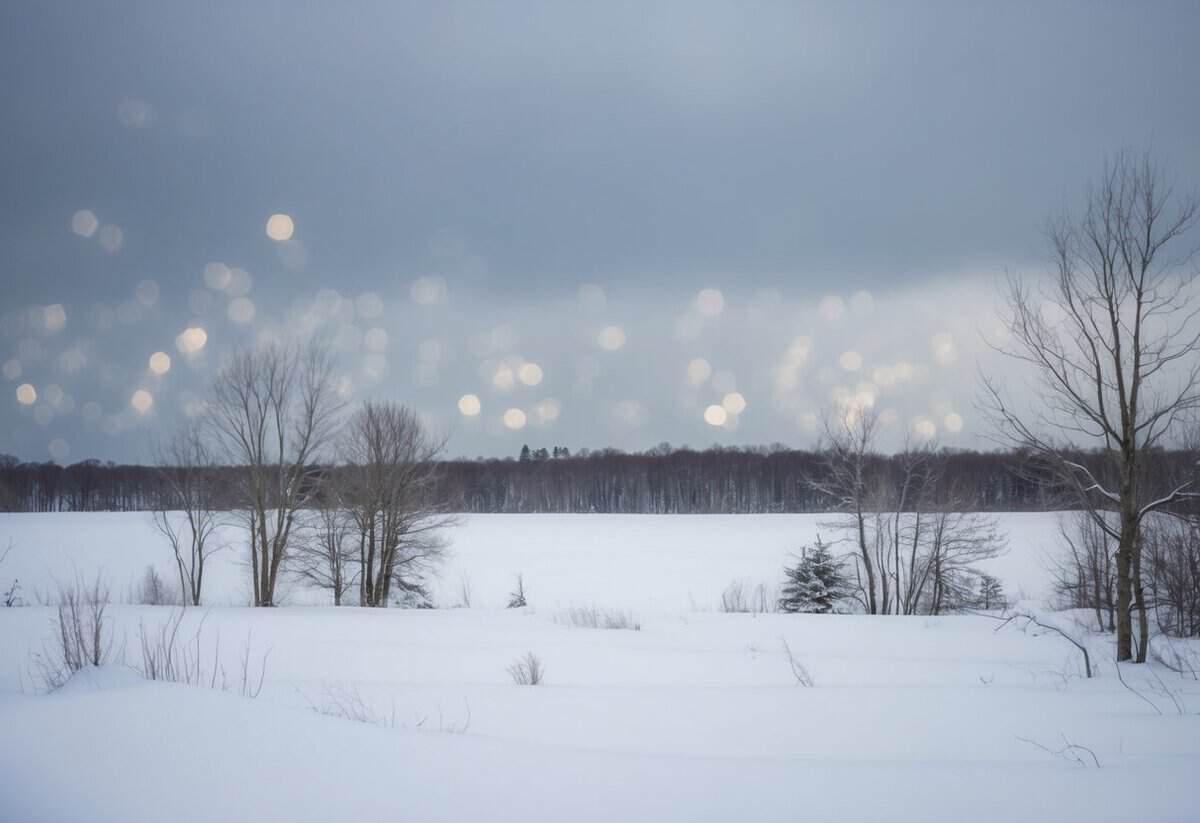 A desolate, snow-covered landscape with bare trees, a gray sky, and a cold wind blowing