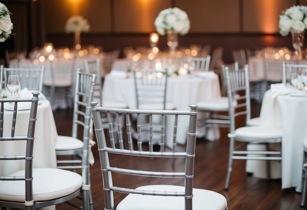 Empty chairs at a wedding reception with a few tables left unoccupied