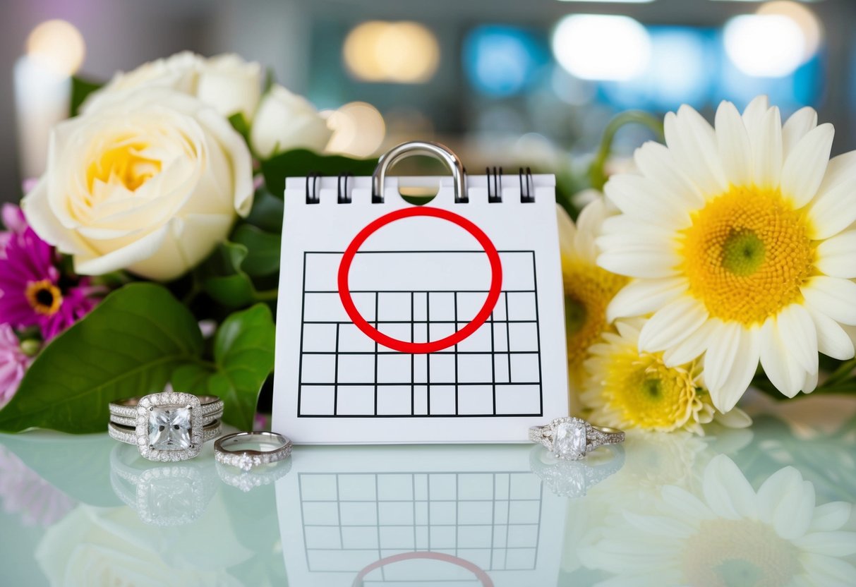 A calendar with a blank date circled in red, surrounded by wedding-related items like rings, flowers, and a cake