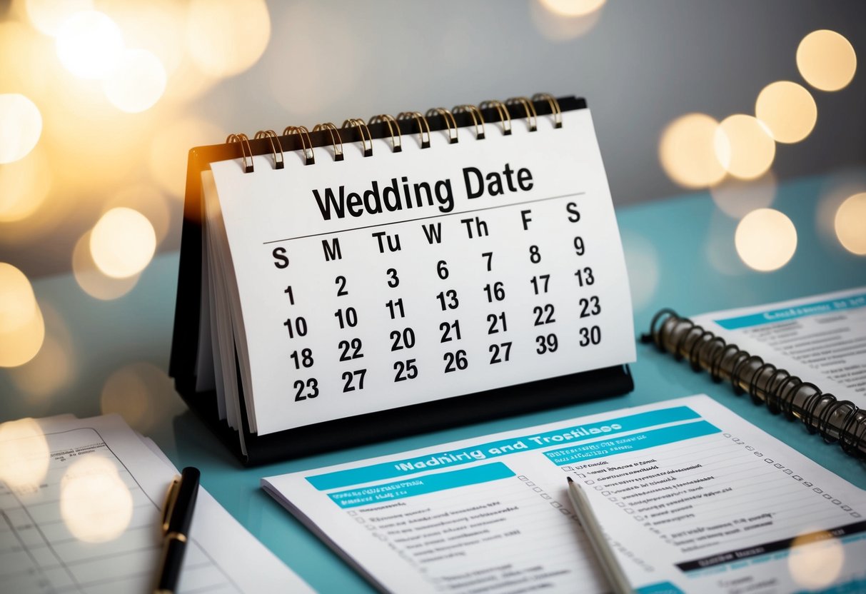 A calendar with a wedding date circled and surrounded by checklists and timelines