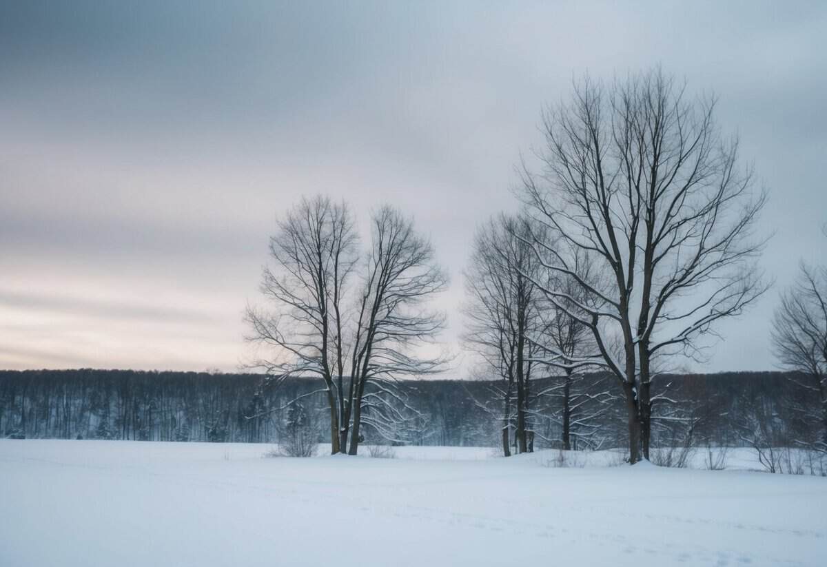A desolate, snow-covered landscape with bare trees and a gray sky, indicating the least popular wedding month is in the winter