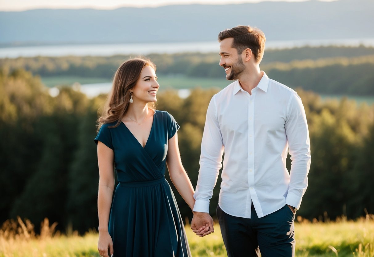 A couple standing in front of a scenic backdrop, holding hands and smiling