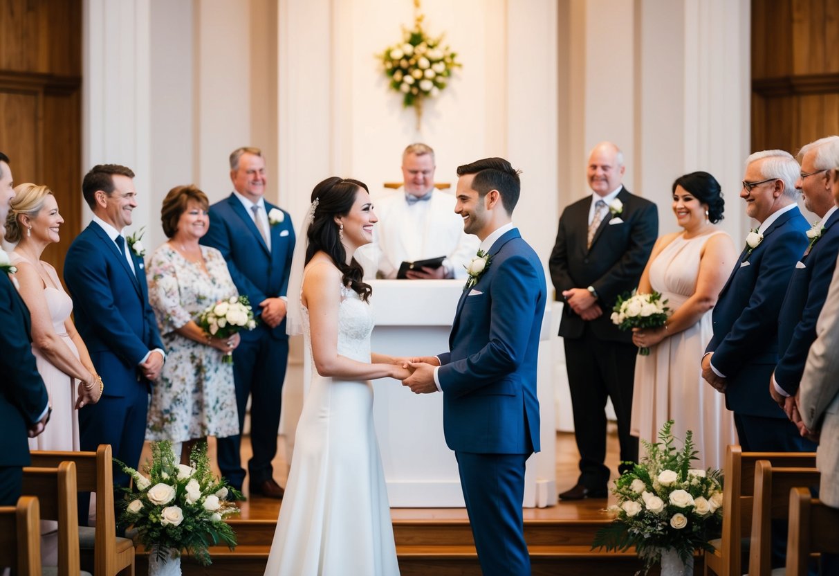 A couple in their thirties standing together in front of a wedding altar, surrounded by family and friends, exchanging vows
