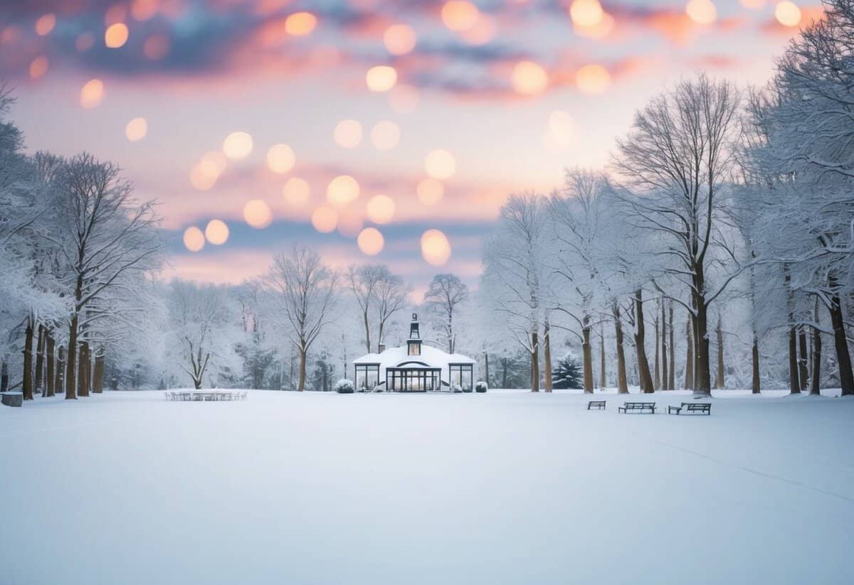 A serene winter landscape with snow-covered trees and a peaceful, empty wedding venue