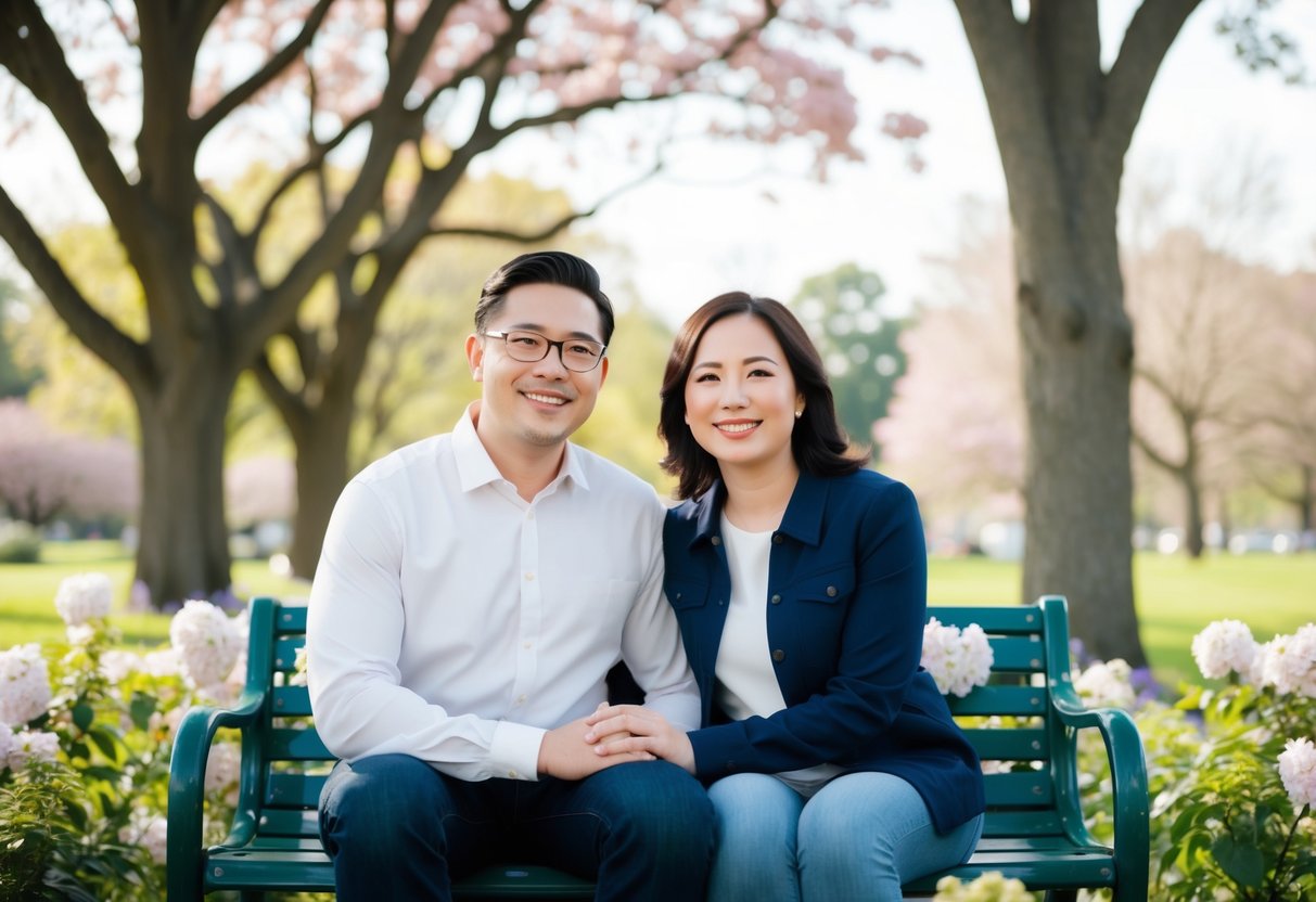 A couple sitting together on a park bench, surrounded by blooming flowers and mature trees, smiling and looking content
