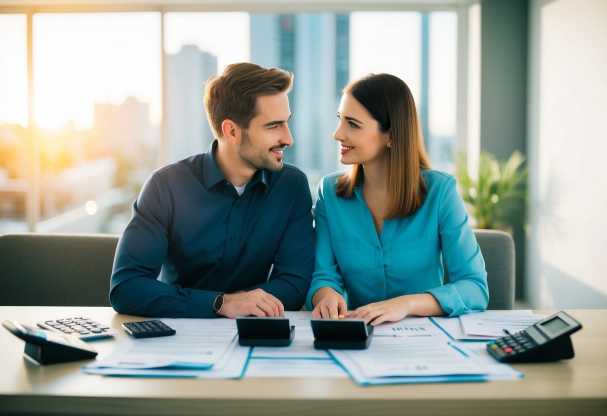 A couple sitting at a table, surrounded by financial documents and calculators. They are discussing their future together and considering the best age to get married at 30