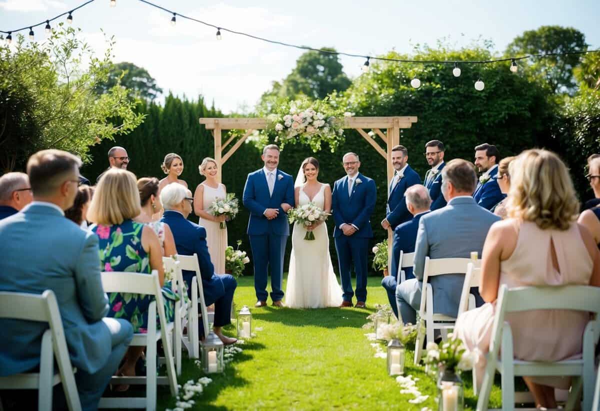 A simple wedding ceremony in a garden with a small group of guests, a homemade bouquet, and DIY decorations