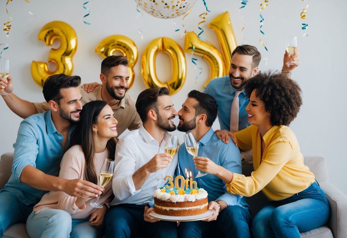A couple celebrating their 30th birthday surrounded by supportive friends and family, symbolizing the cultural shift towards marrying later in life
