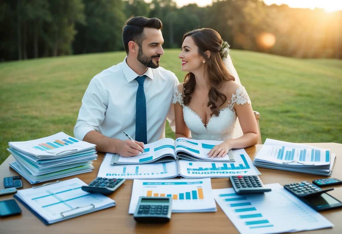 A couple sits at a table covered in wedding magazines and spreadsheets, surrounded by budgeting tools and calculators. They look determined to plan their wedding on a budget