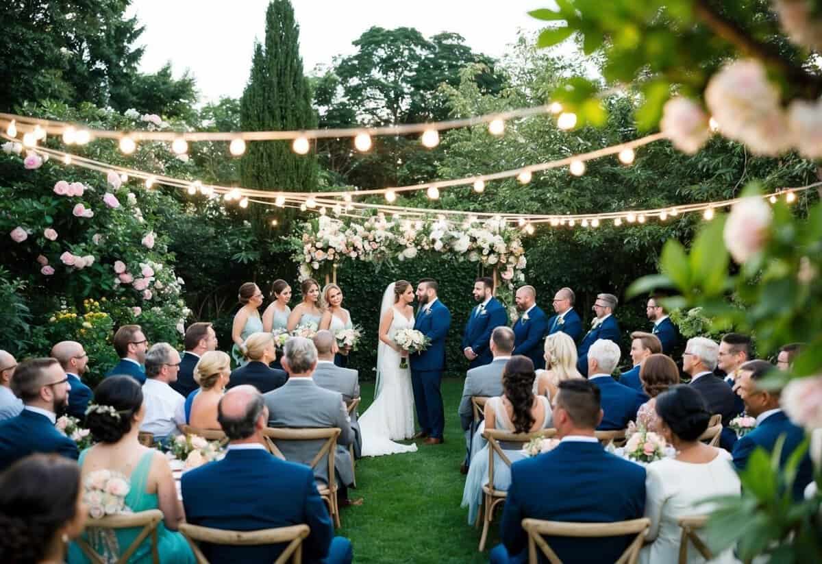 A small wedding with 35 guests gathered in an intimate outdoor garden setting, surrounded by blooming flowers and twinkling string lights