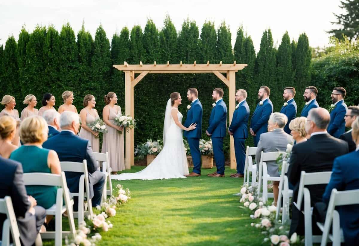 A cozy outdoor garden ceremony with a simple arch, surrounded by close family and friends