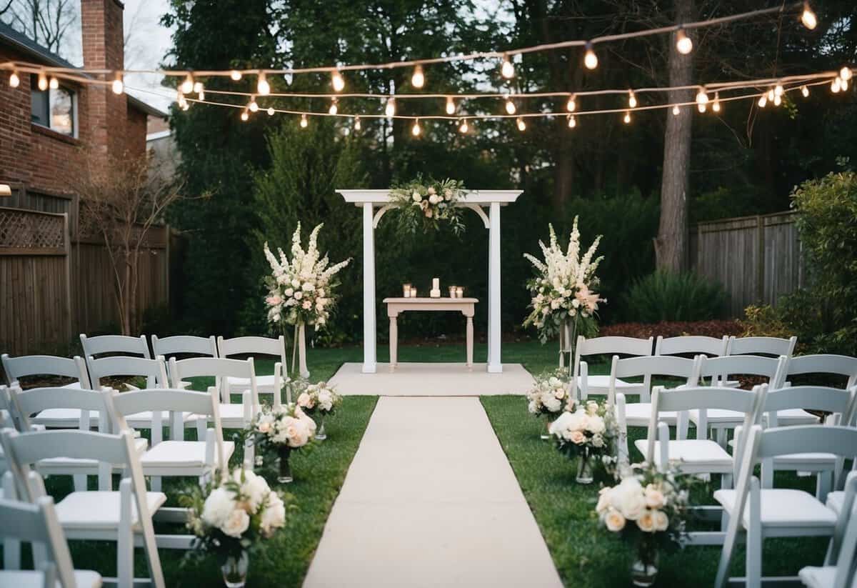 A cozy backyard with a simple altar, surrounded by blooming flowers and twinkling lights, set for a small wedding ceremony