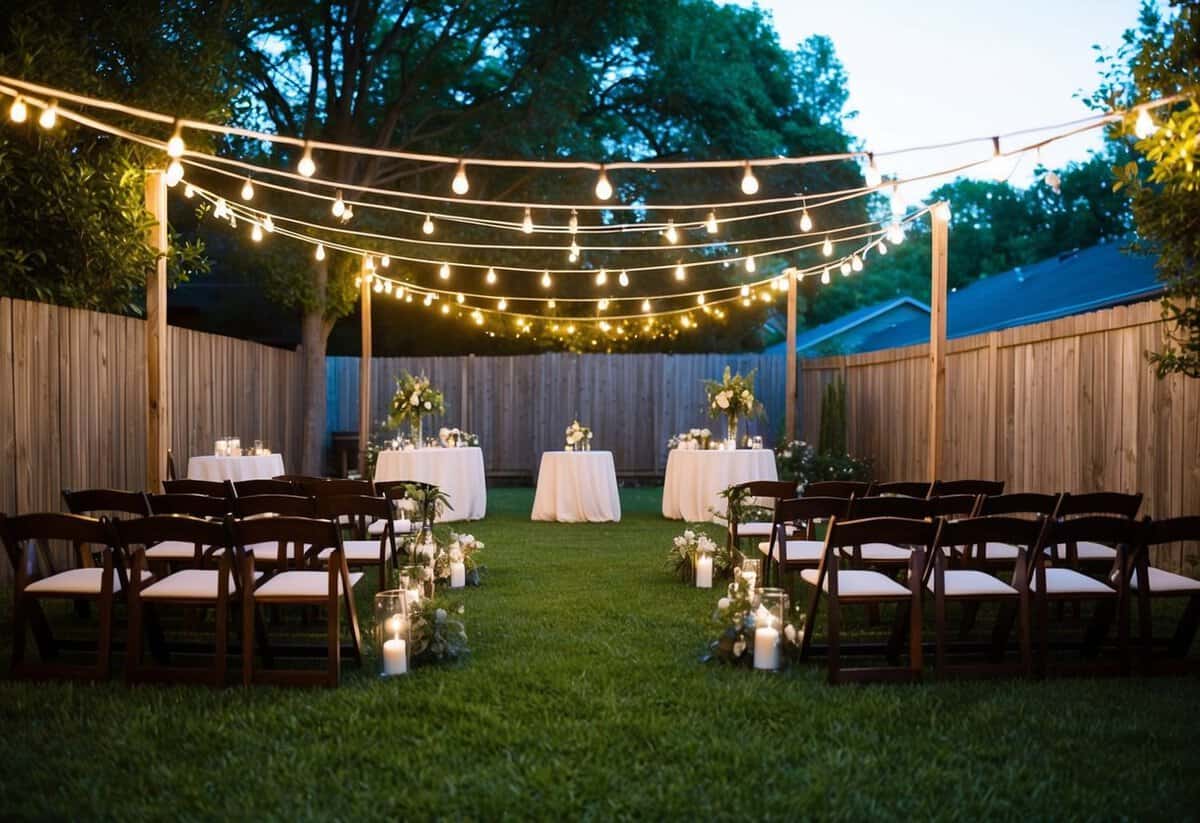 A cozy backyard set-up with string lights, personalized decor, and intimate seating for a small wedding ceremony and reception