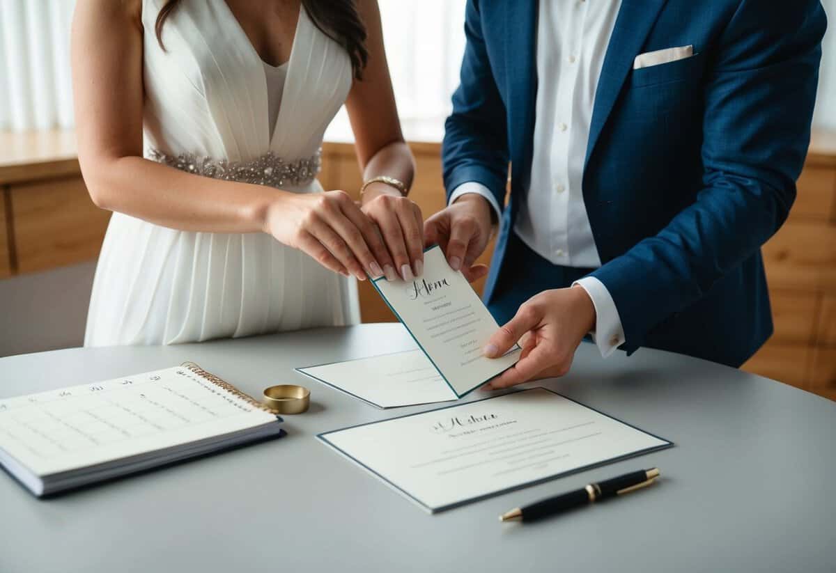 A couple preparing wedding invitations at a table with a calendar and pen