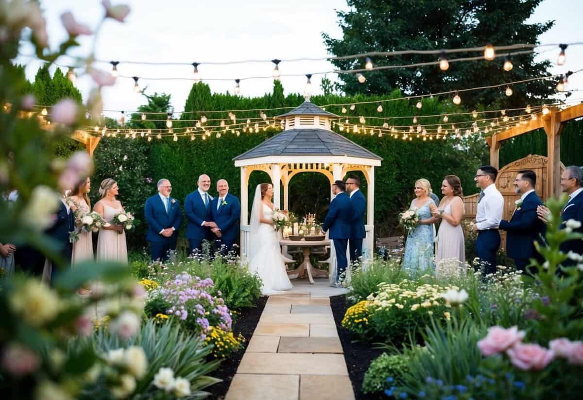 A cozy backyard garden with fairy lights and a small gazebo, surrounded by blooming flowers and a few close family and friends gathered for an intimate wedding celebration