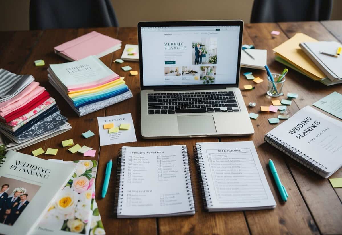 A table covered in wedding magazines, fabric swatches, and a notebook filled with checklists. A laptop open to a wedding planning website, surrounded by scattered pens and sticky notes