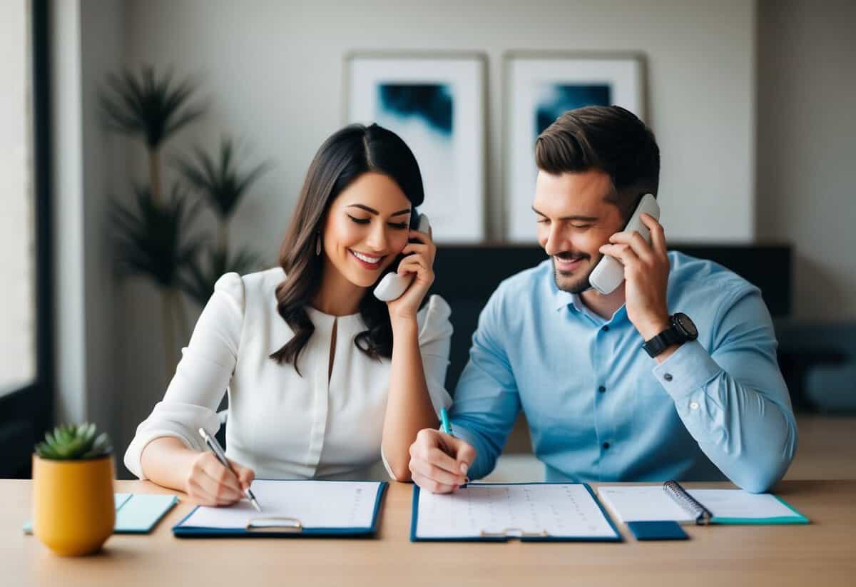 A couple sitting at a table with a calendar, filling out paperwork and making phone calls to arrange legal and personal preparations for their upcoming wedding