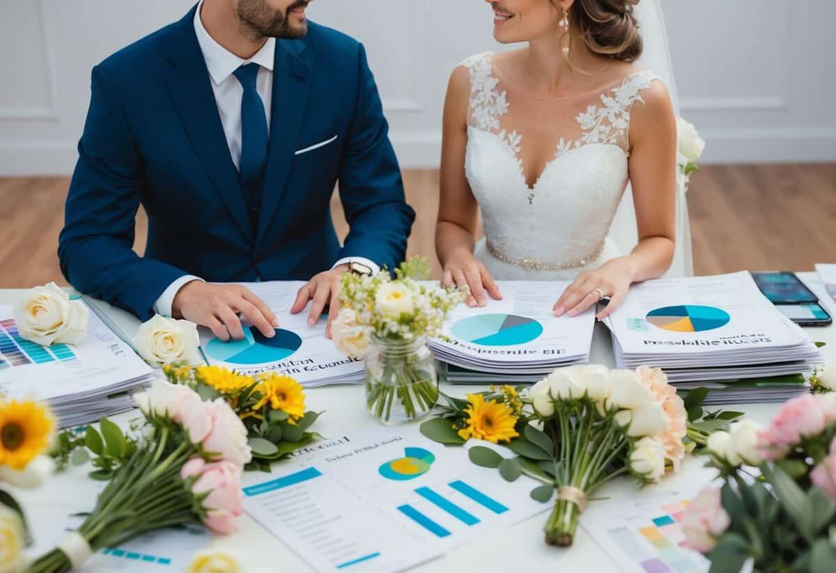 A couple sits at a table covered in wedding magazines and spreadsheets, surrounded by flowers and fabric swatches, discussing their vision and budget for their upcoming wedding
