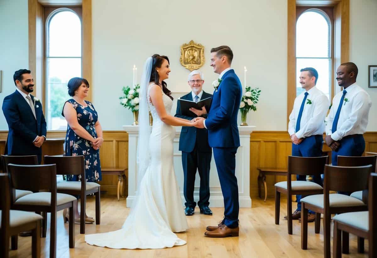 A couple stands facing each other at a registry office, surrounded by simple furniture and decor. The officiant looks on as they exchange heartfelt vows